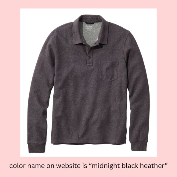 L.L. Bean Washed Cotton Double-Knit Polo, Long Sleeve, Black Heather, Size L - Picture 4 of 5